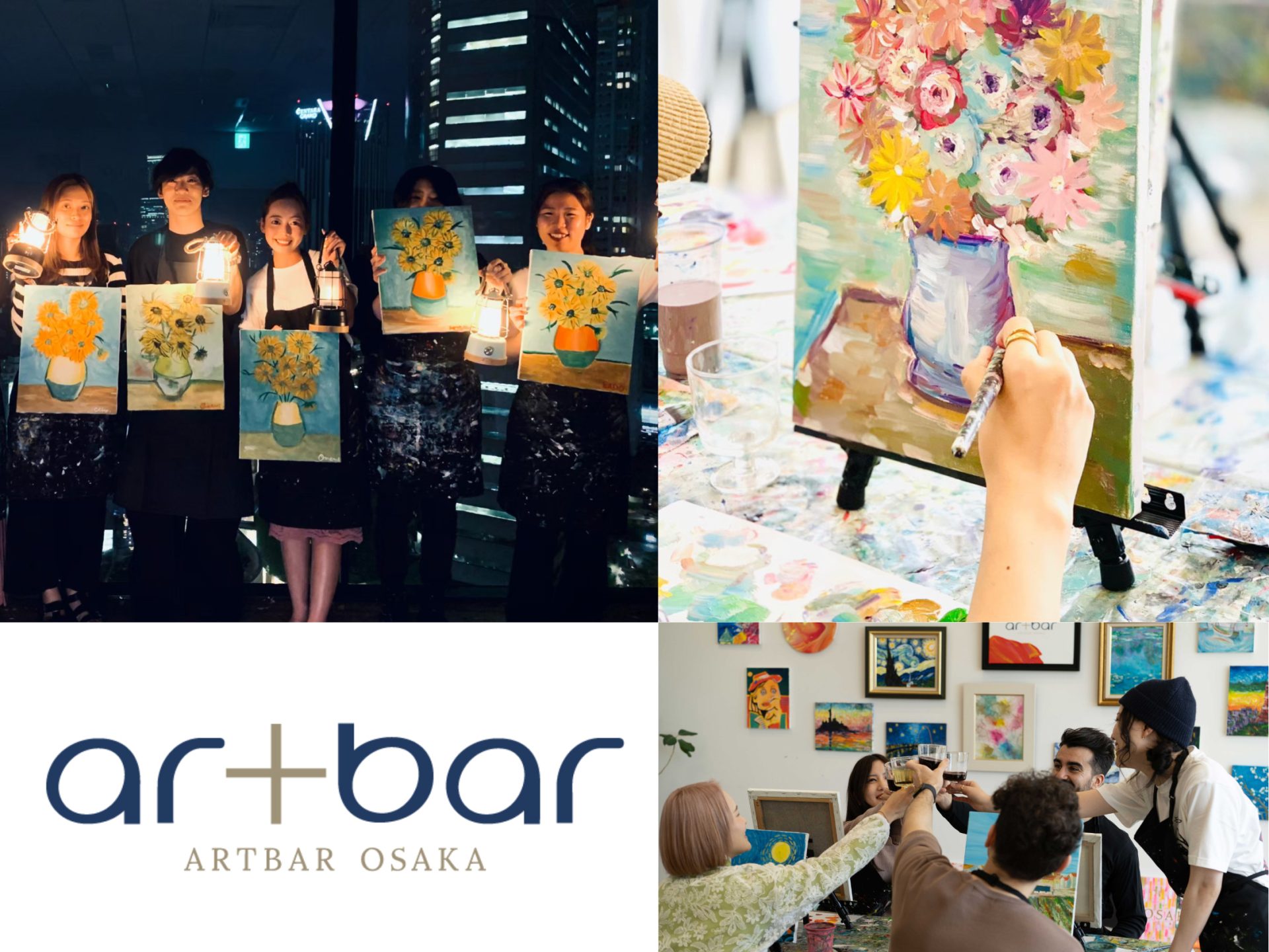 アート制作ワークショップの開催イメージ、絵を描いている手元、完成作品を手に持つ参加者