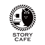 STORY CAFEロゴ。ロープの内側にフクロウ、コーヒーカップ、本が並ぶ