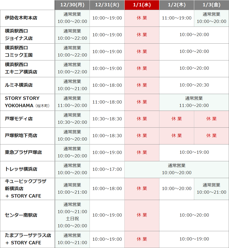 横浜周辺店の12/30～1/3営業時間。詳細は店舗一覧のページでご覧いただけます。