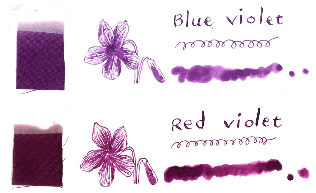 青紫、赤紫、それぞれのインクで描いたすみれの花と元になった布の色見本