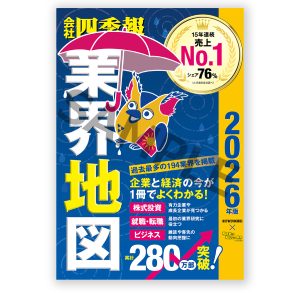 クリアファイルの絵柄見本、業界地図のタイトルロゴに傘を差しかけるブッコロー