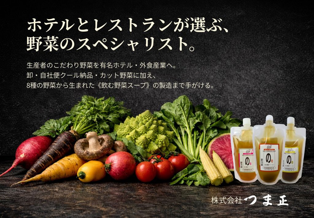 ホテルとレストランが選ぶ、野菜のスペシャリスト。つま正の野菜と野菜スープの重厚なイラスト
