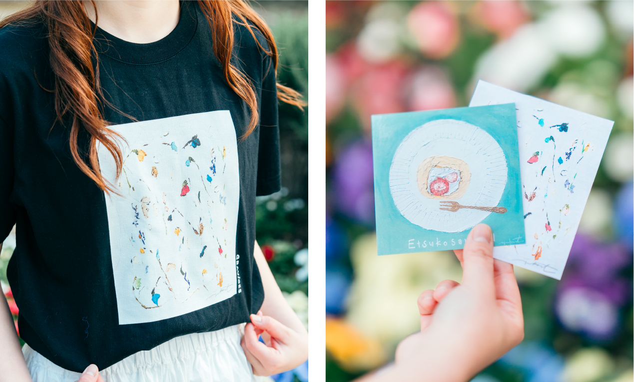 個展の出品作品をあしらった黒T、ポストカード２種