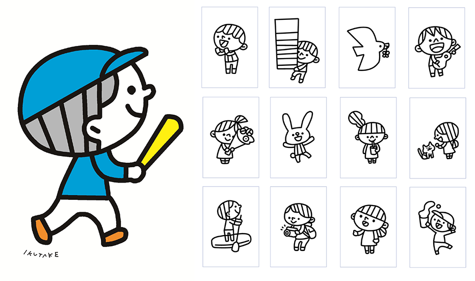 野球をする人のカラーイラスト、様々な人物のモノクロイラスト
