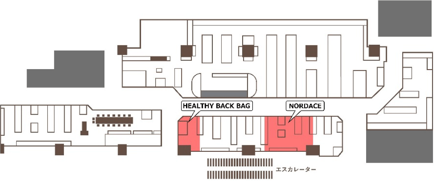 ウエノのフロアマップ。中央の通路沿い、レジカウンターの斜め向かいにNORDACEのPOP-UPスペースが赤色で表示されている。