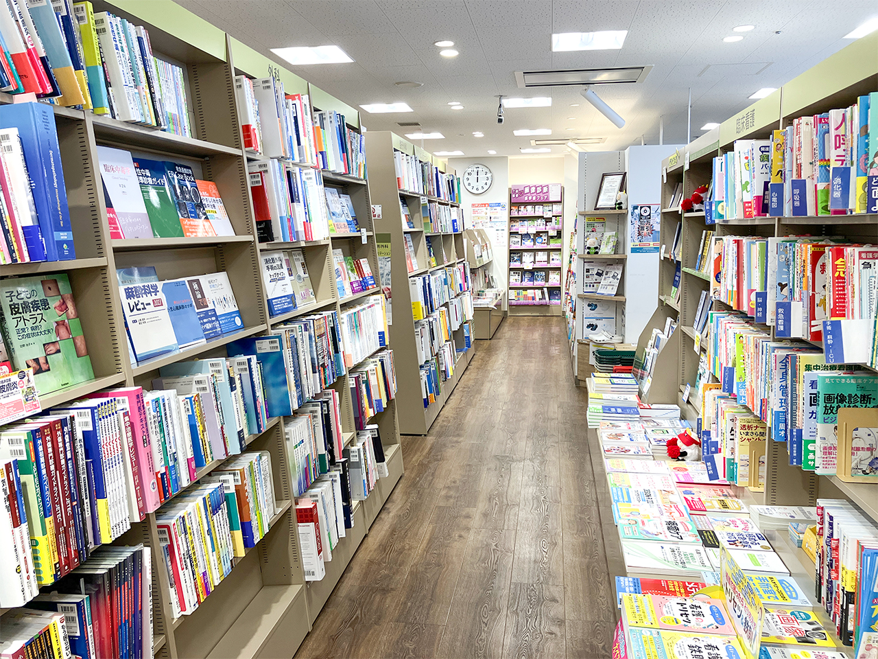 医学書コーナー、木の通路両側に本棚