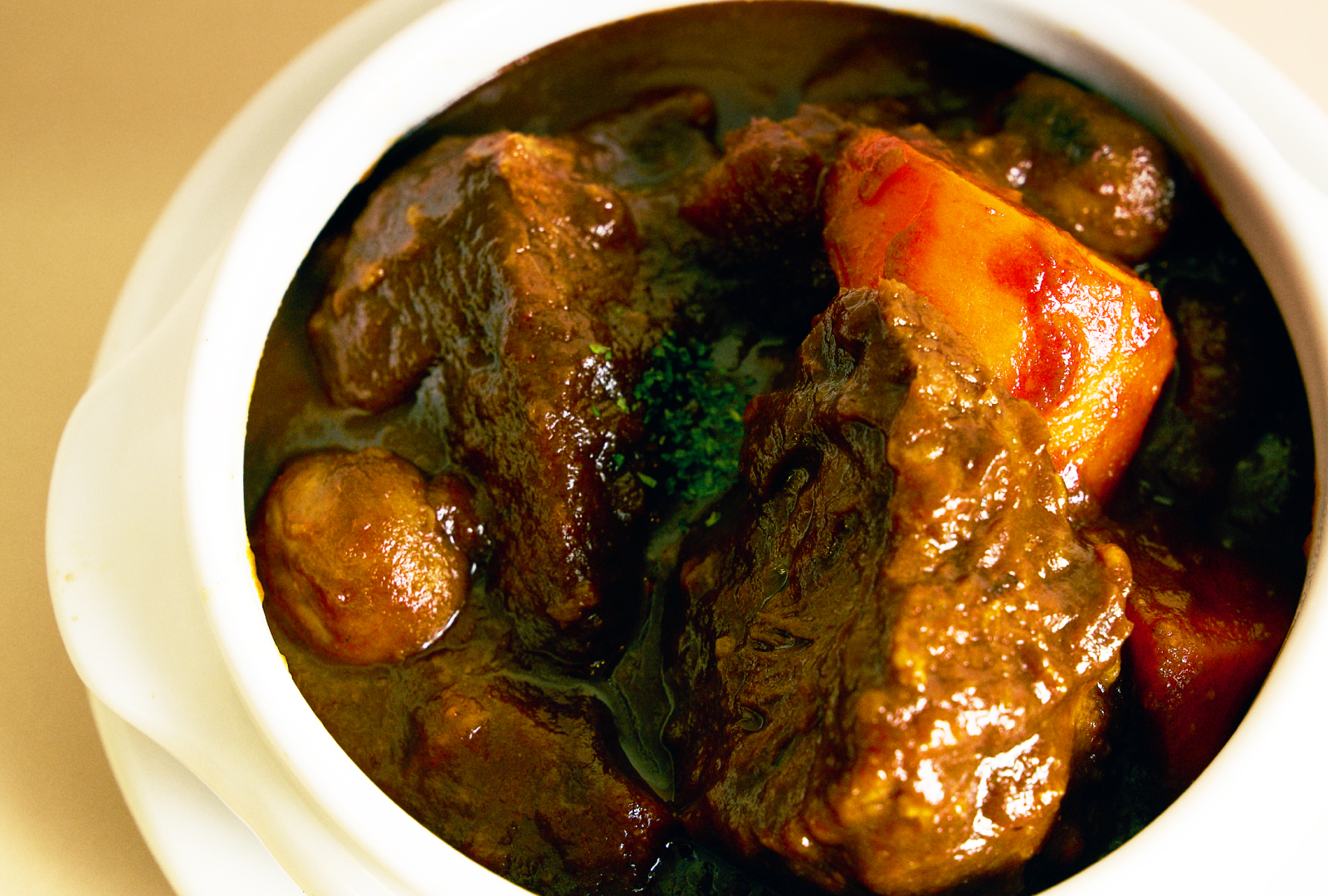 ボウルに入ったビーフシチューの写真、肉と野菜が浸っている