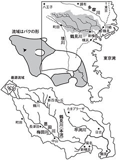 バクの形をした鶴見川流域と鶴見川水系図(下)