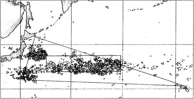アメリカ式捕鯨によるマッコウクジラの捕獲位置と2種の「ジャパングラウンド」の範囲
