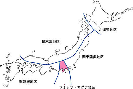 日本の植物区系とフォッサ・マグナ地区（勝山輝男ほか著、『フォッサ・マグナ要素の植物』神奈川県立生命の星・地球博物館 1997 より）