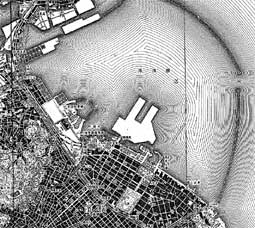 横浜港と内防波堤（中央の白い部分は新港ふ頭の予定地）明治39年