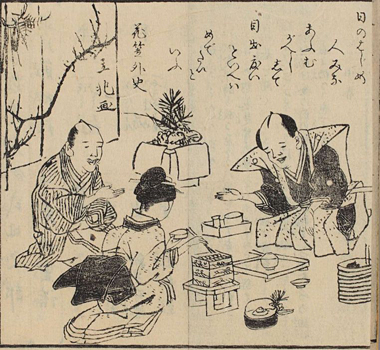 『萬家日用惣菜俎』（1836）屠蘇・雑煮・おせち（重箱詰）で客をもてなす。後方に蓬莱飾りが見える。