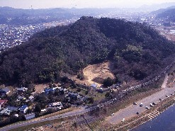 北条氏邸跡（円成寺跡）中央の山麓部分が低跡　右下が狩野川